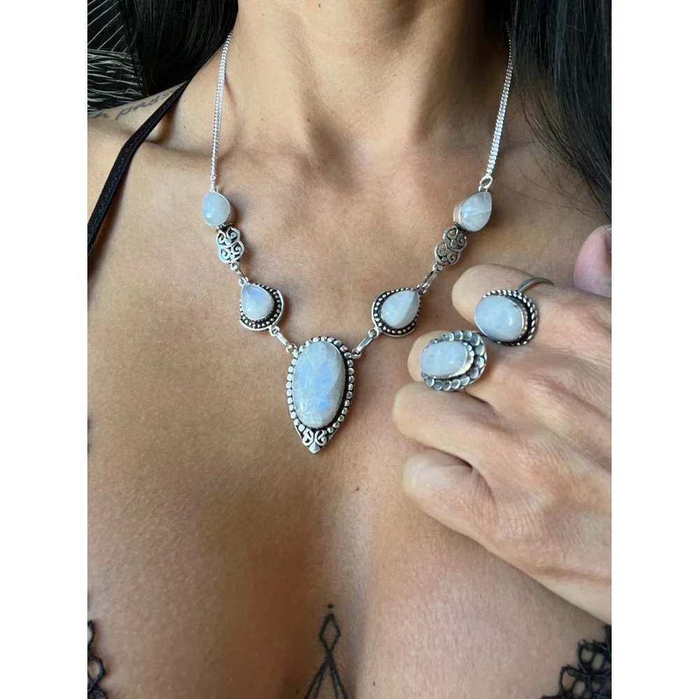 925 Rainbow Flash Moonstone Necklace + Ring Set - Picture 6 of 9